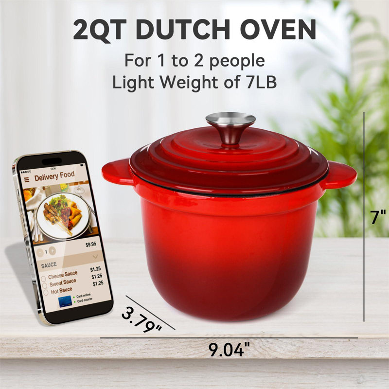 2 Quart Enameled Cast Iron Dutch Oven Pot With Lid And Dual Handles, Oven Safe Up To 530°F-Use To Cook, Bake - Red