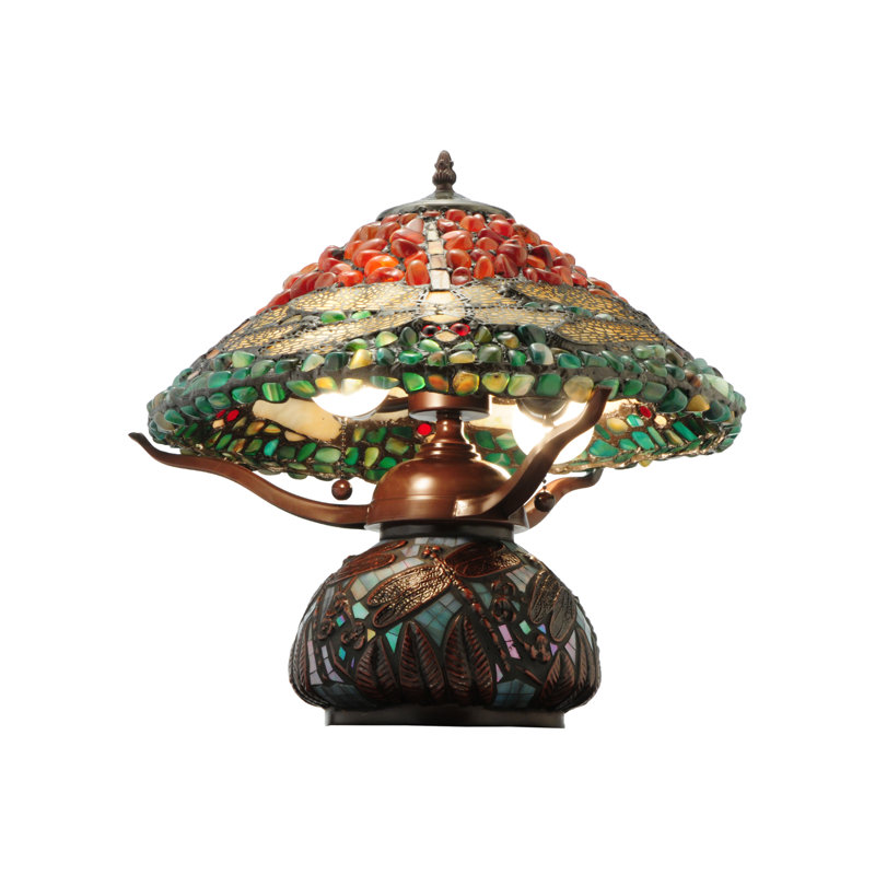 Mahogany Bronze Stained Glass Dragonfly Table Lamp with Agate Stones