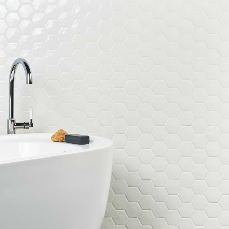 Nabi Hexagon 3" Crackled Glossy Glass Mosaic Tile, Glacier White