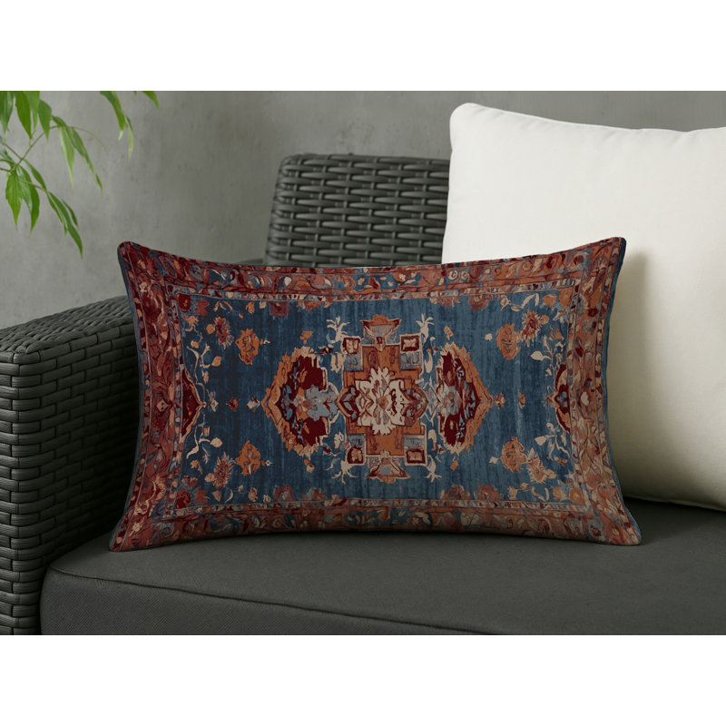 Coussin décoratif intérieur et extérieur Modern, Rectangle H 25 po x l 18 po, Bleu / rouille / beige damassé