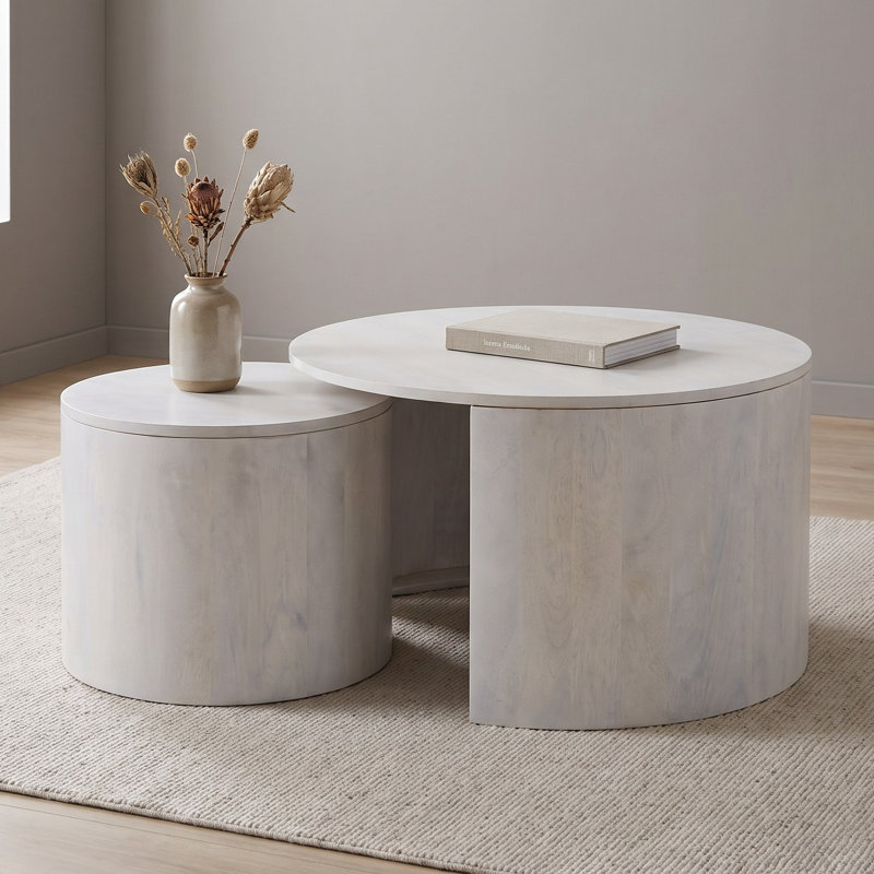 Elegant White 30" Round x 18" High Nesting Coffee Table with Hidden Storage