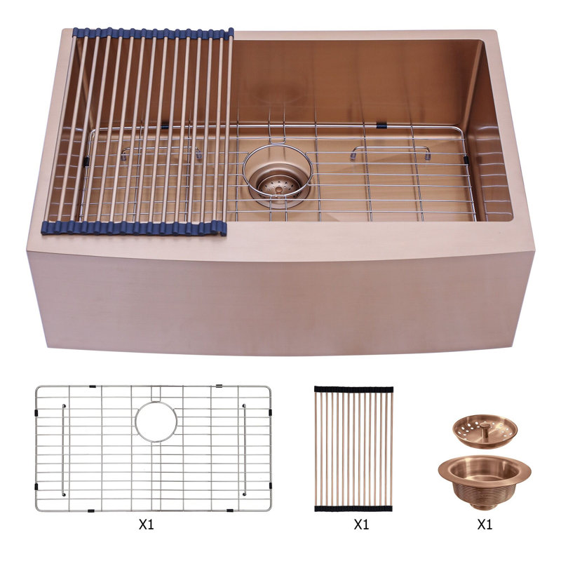 Farmhouse Apron Single Bowl Stainless Steel Kitchen Sink, Rose Gold