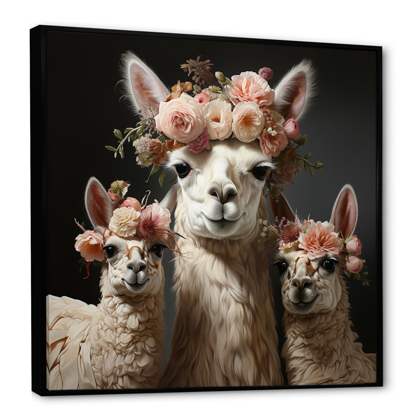 Mignon Alpacas Floral Portrait - Boho Tiles, art mural, Cadre flottant noir, H 30 po x l 30 po x P 1,5 po