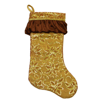 19" Gold Sequined Floral Venetian Style Ruffle Cuff Christmas Stocking