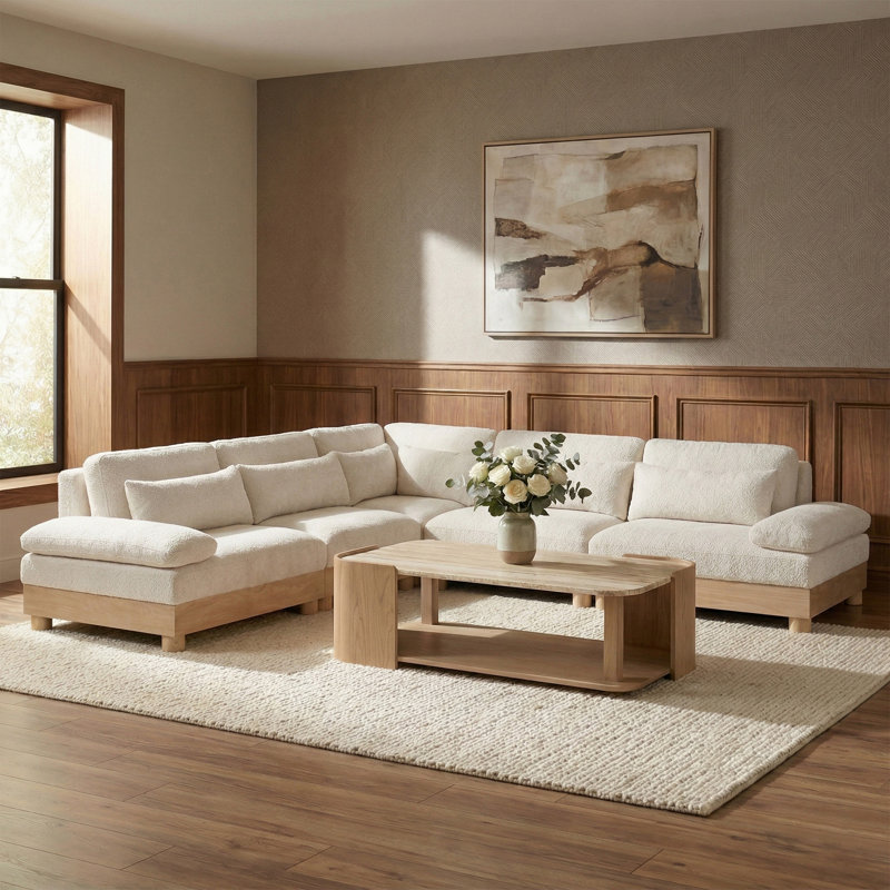Canapé modulaire en tissu de chenille 5 pièces 127,75 po Turin, Naturel, Tissu chenille crème