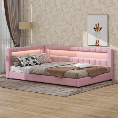 Upholstered Daybed With Storage Headboard, L-Shaped Corner Bed Frame With Charging Station & LED Lighting