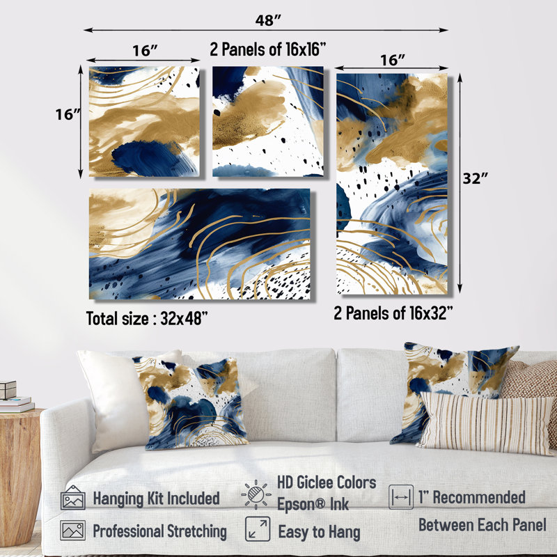 Motif abstrait avec textures bleues et dorées II - grands collages abstraits, art mural sur toile 4 pièces, Noir