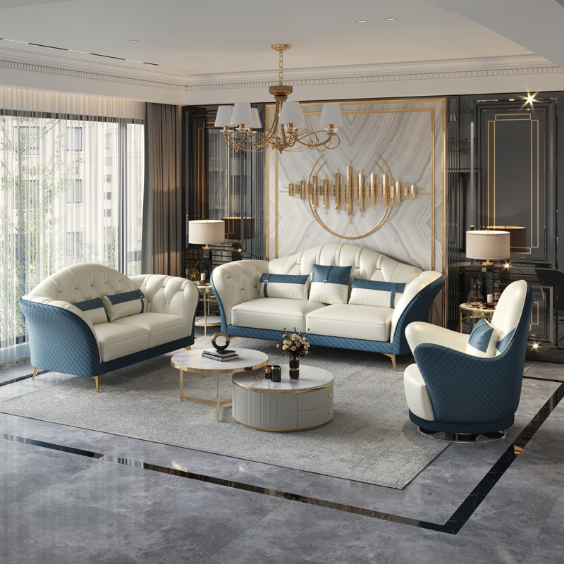 Amalia Loveseat, White/Blue Genuine Leather