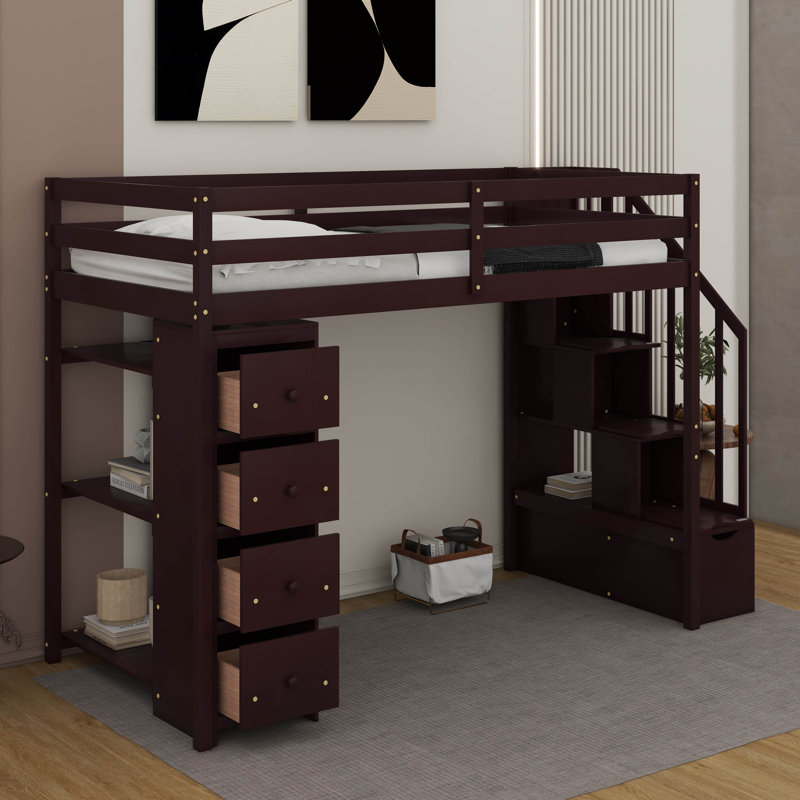 Lit mezzanine simple avec tiroirs et escaliers, Espresso