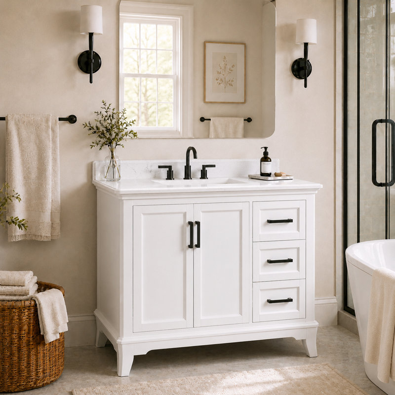 Allendale 42" Freestanding White Single Sink Bathroom Vanity With Quartz Top, 42", White