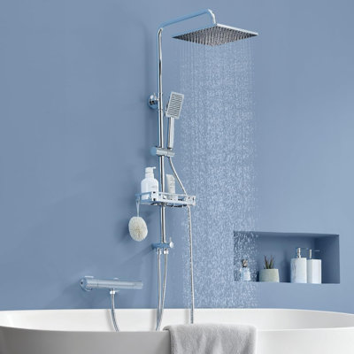 Adjustable Shower Riser Rail Kit with No Drill Shelf, 26 cm Square Rainfall Shower Head Chrome