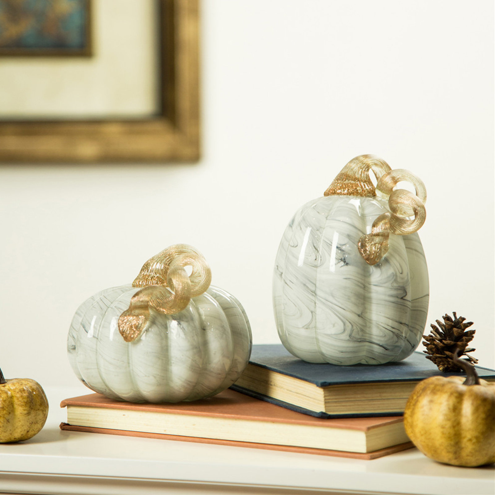 2-Piece Crackle Glass Pumpkin Set, 5.91" H x 4.72" W x 4.72" D, Gray