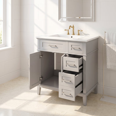Meuble-lavabo simple Prestwick de 76 cm (30 po) en gris pierre avec comptoir en céramique blanche, portes de style Shaker et rangement à fermeture amortie