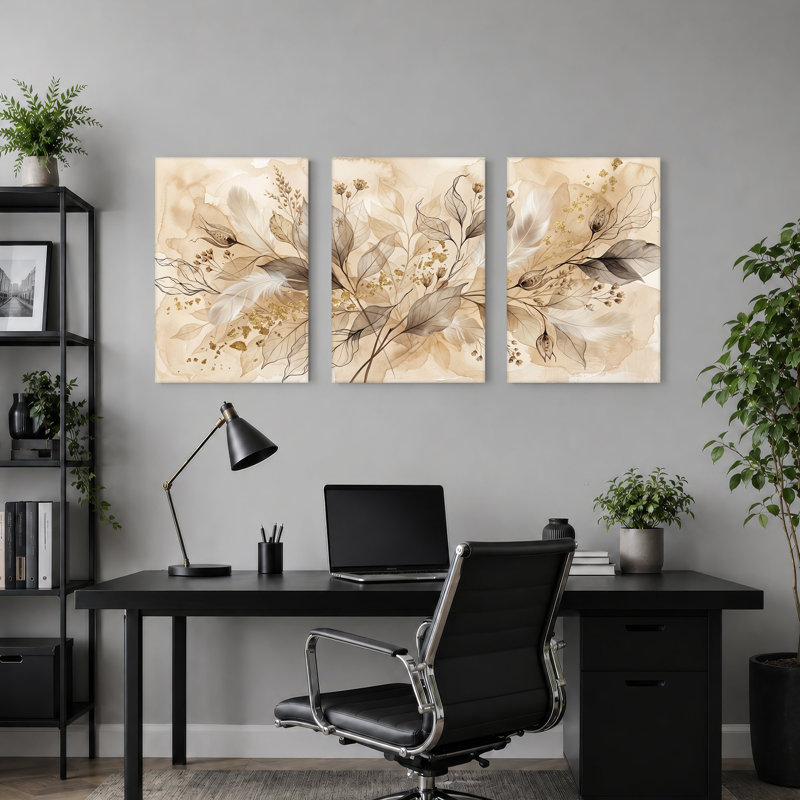 Ensemble de 3 toiles sépia botaniques avec taches dorées et plumes, 30"H x 20"W x 3pcs