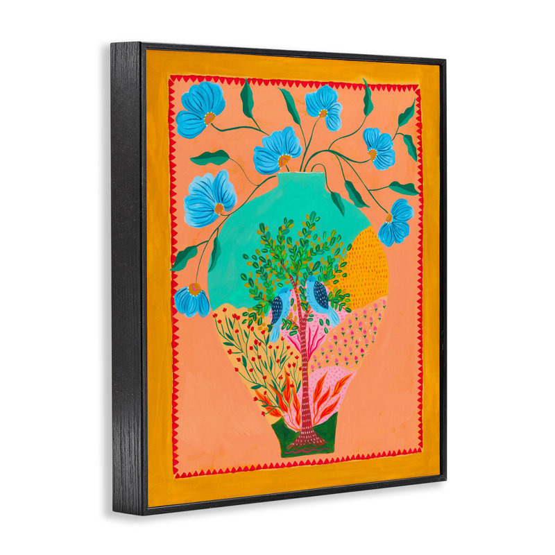 Bluebirds & Boho Flower Vase, estampe numérique, design par Nabeela Rumi, H 20 po x l 16 po, Giclée encadrée noir minuit