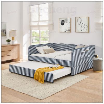 Canapé-lit convertible polyvalent 3-en-1 avec couchette coulissante et poches de rangement latérales Gingham, idéal pour les petits espaces