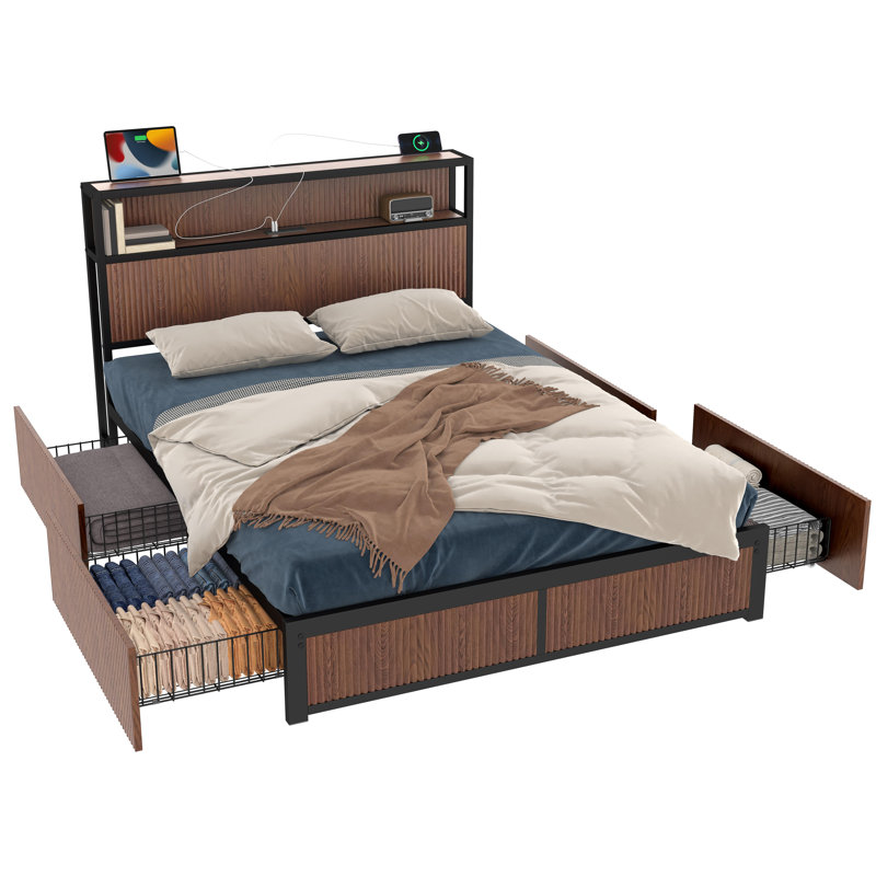 Large Raised-pattern Storage Bed Frame, Wooden Platform Bed Frame With Multiple Drawer Storage Function