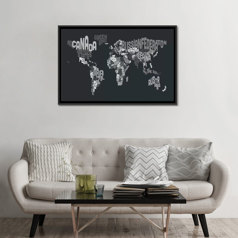 Impression sur toile, "carte du monde" Karlskrona, H 18 po x l 26 po x P 1,5 po, Toile avec cadre flottant noir, Pas de tapis