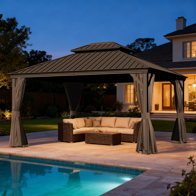 Outdoor Galvanized Steel Patio Gazebo with Double Roof, 118.19" H x 156.22" W x 131.42" D, Brown