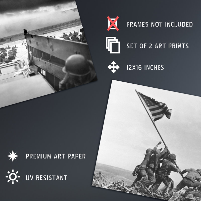 Normandy D-Day Landings Soldiers Raising Flag Iwo Jima & D-Day Jaws Of Death War USA 2-Piece Set Unframed Wall Art Prints Study Office Iconic Photo