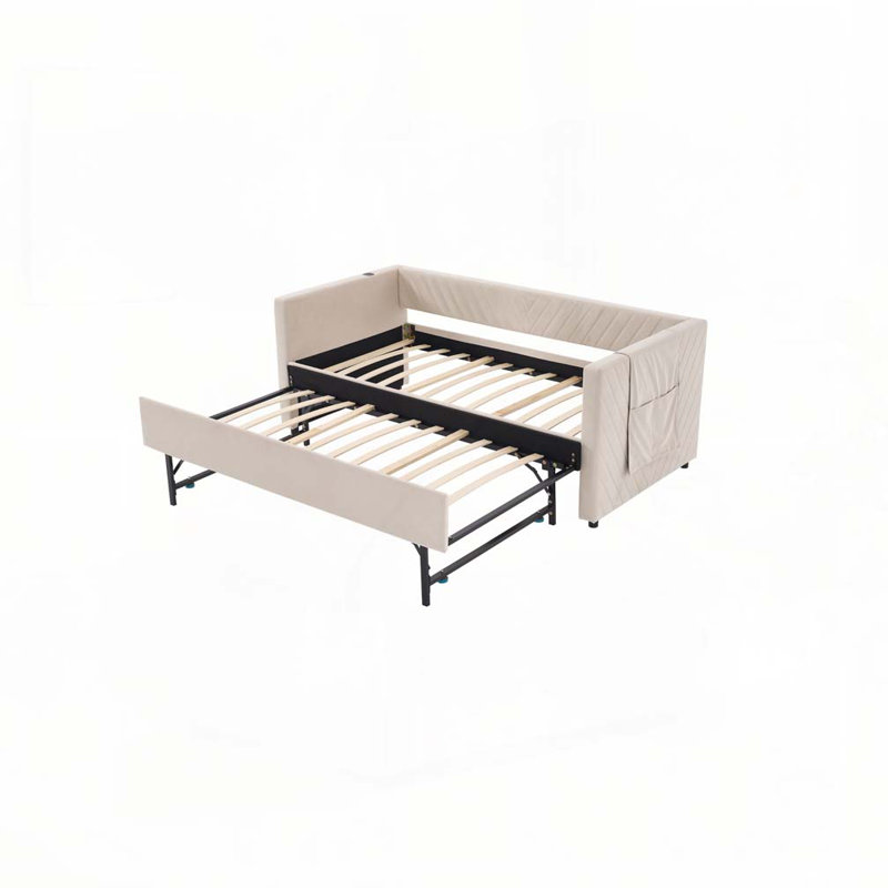 Upholstered Daybed with Trundle,USB Port ,Side Pockets, Beige