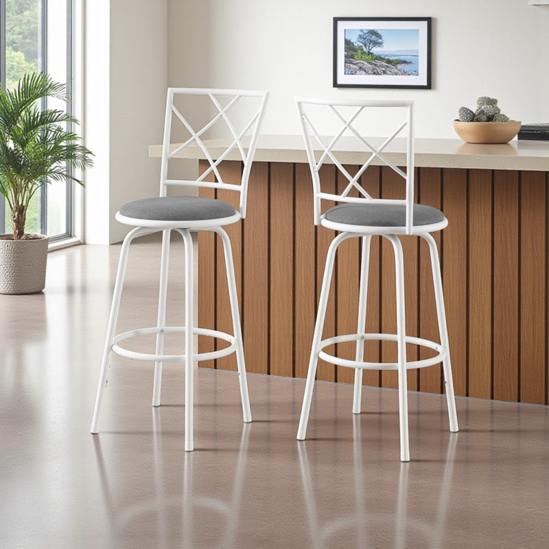 Tabouret de bar pivotant en métal / tissu Devona (ensemble de 2), blanc / gris H 43,7 po x l 15,81 po x P 15,81 po