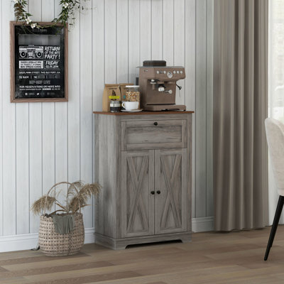 Armoire grise. Avec portes doubles, tiroir et tablette réglable. Pour la chambre à coucher et le salon. Vaste espace de rangement. Pourboires. Fabriqué en panneau de particules. Armoire rétro - l 23,5 po x P 11,75 po x H 34,5 po