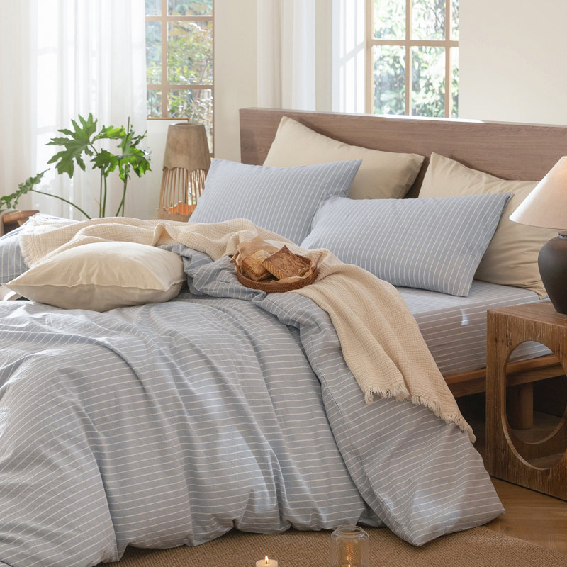 MooMee Striped Duvet Cover Set 100% Washed Cotton Linen Like Textured, Wide Stripes - Cornflower Blue/White