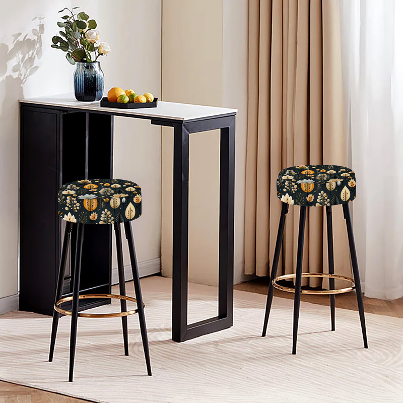 Elodea - Ensemble de 2 tabourets de bar à imprimé, Motif floral jaune et noir marocain