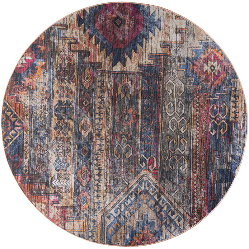Machine Washable Southwestern Blue/Red Area Rug, Round 7'10"