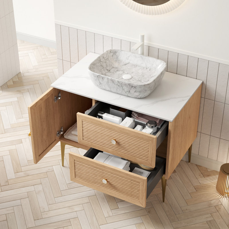 Meuble-lavabo de salle de bain avec lavabo, armoire de rangement autoportante en bois avec porte et 2 tiroirs