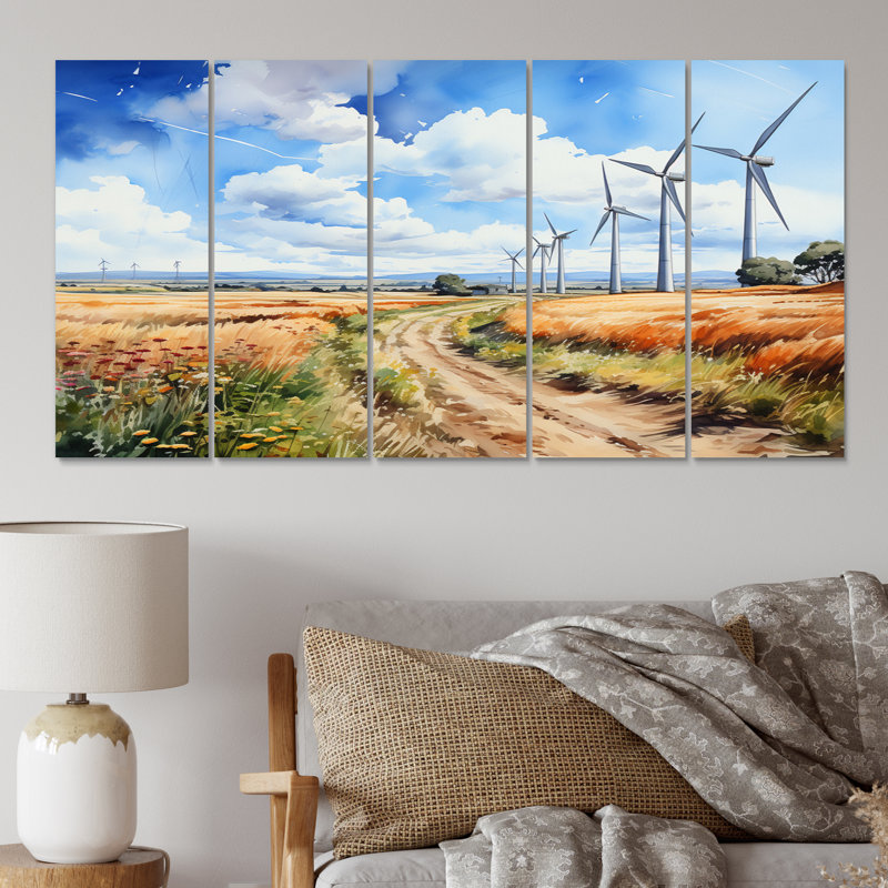 «Countryside Road To Wind Turbines I», impression sur toile de paysages - 5 panneaux égaux