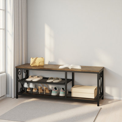 Banc de rangement pour l'entrée Vividwood avec range-chaussures, banc de 47,2 po de large avec assise, plateau en bois rustique et structure en métal, range-chaussures à 2 niveaux pour le vestibule, la chambre à coucher ou le salon