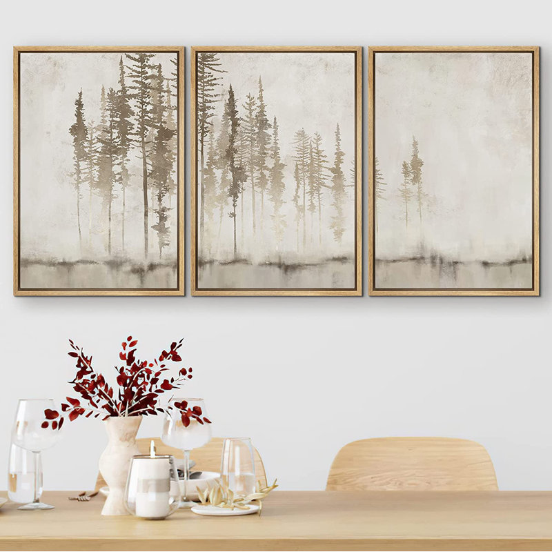 Pastel Abstract Tree Subtle Neutral Modern Rustic Home Decor - Framed Canvas Print Wall Art Work, Brown Framed