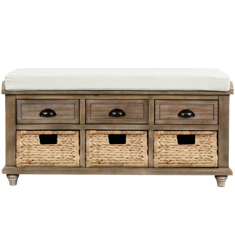 Banc blanc chic avec 3 tiroirs et rangement tissé pour le hall d'entrée et le salon