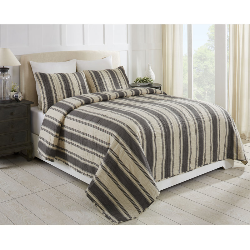 Twin Gray and Beige Cotton Reversible Quilt Set