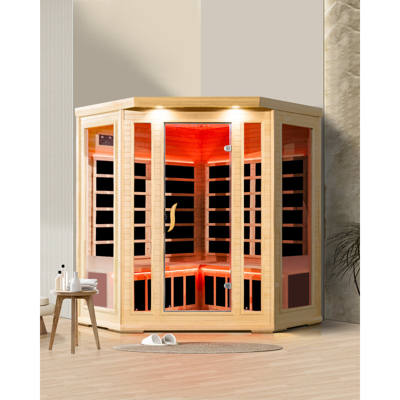 30A Cord 110-120V 3 Person Luxurious Far Infrared Sauna For Home Spa, Low Emf Wooden Dry Sauna Room With Bluetooth Speakers, Lcd Control Panel, Tempered Glass Door, 7 Colors Lighting, 74.76"X80.76"X26.04"