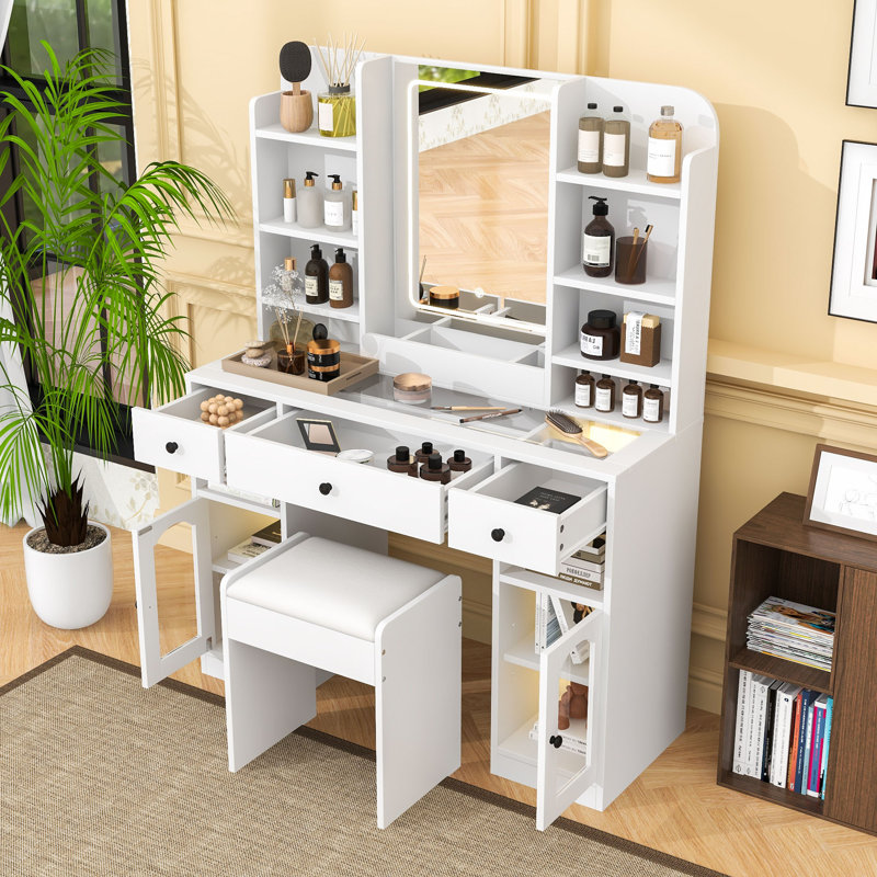 Bureau de coiffeuse avec miroir DEL, 3 tiroirs, tablettes de rangement et tabouret, Blanc