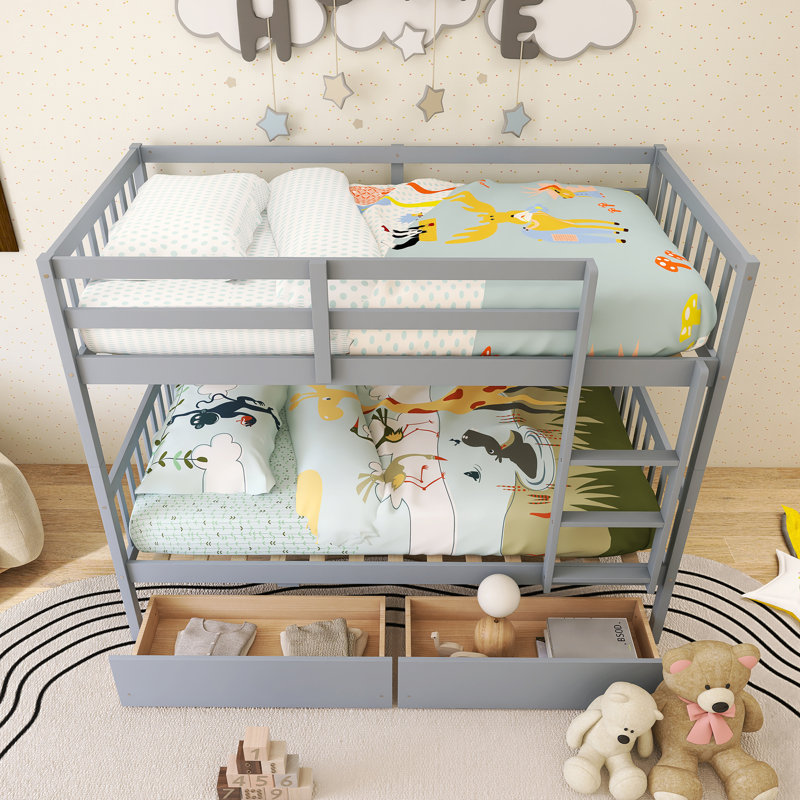 Wood Frame Twin Over Twin Size Bunk Bed With 2 Drawers,Ladder And Safety Guardrails, Gray