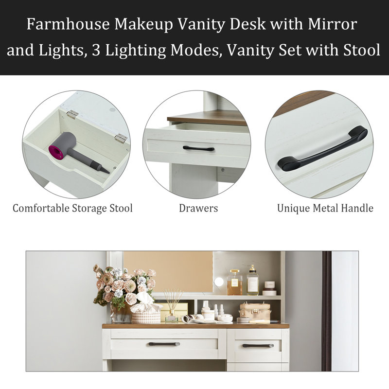 Meuble-lavabo de ferme avec miroir et lumières, 3 modes d'éclairage, ensemble de coiffeuse avec tabouret, coiffeuse avec tablettes réglables, 2 tiroirs et armoire latérale pour la chambre à coucher, blanc