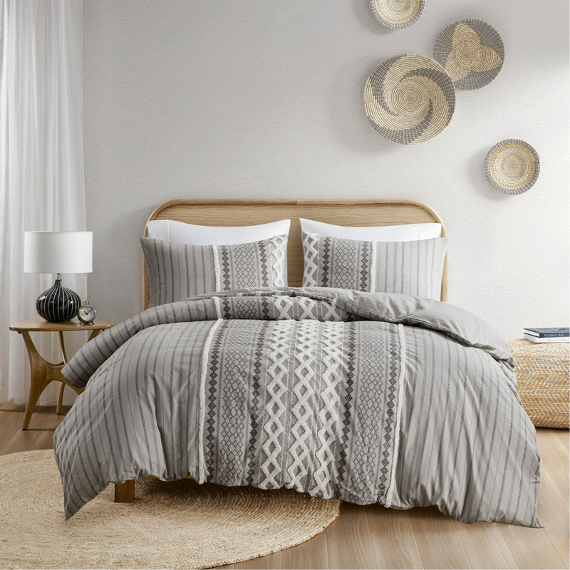 Ensemble de housse de couette en coton double / grand avec chenille, Housse de couette pour lit double / grand + 1 taie, Gris