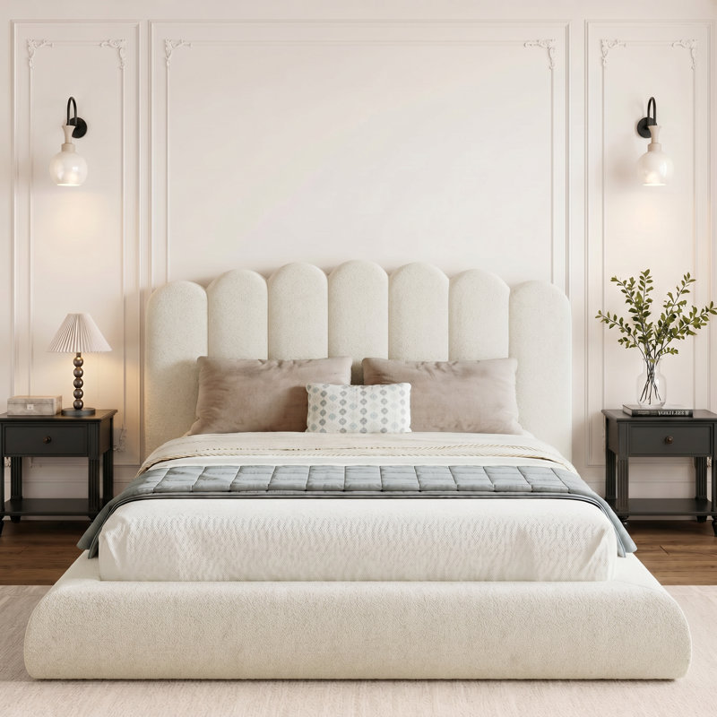 Upholstered Platform Bed with Wave Headboard, Beige, King