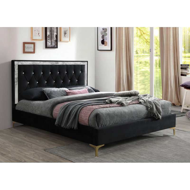 Black Tufted Upholstered King Bed with Faux Marble Trim