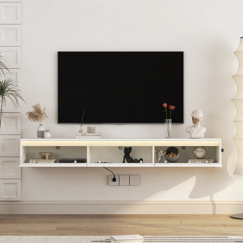 Meuble télé moderne avec lumières DEL et prise de courant, Blanc