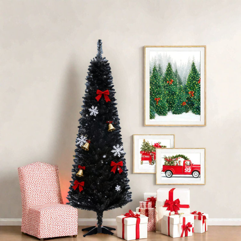 Modern Slim Black Christmas Trees With Plastic Stand For Home Decor