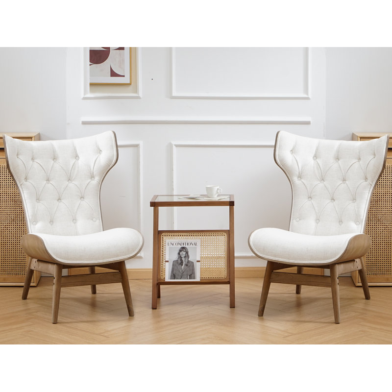 Fauteuil à oreilles capitonné Lexey, Polyester beige