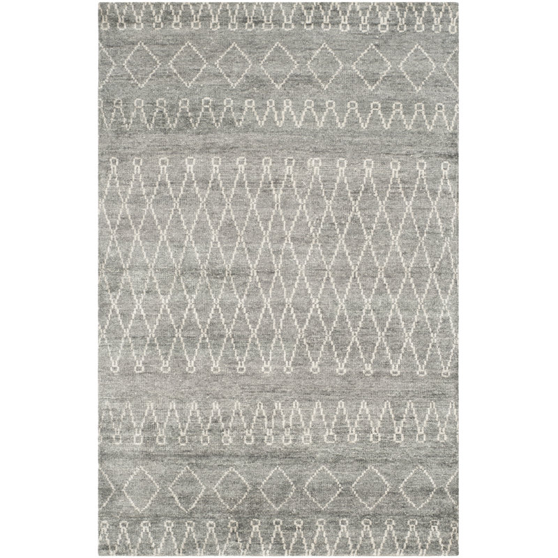 Tapis gris en soie noué à la main à motif géométrique, Rectangle 5 pi x 8 pi
