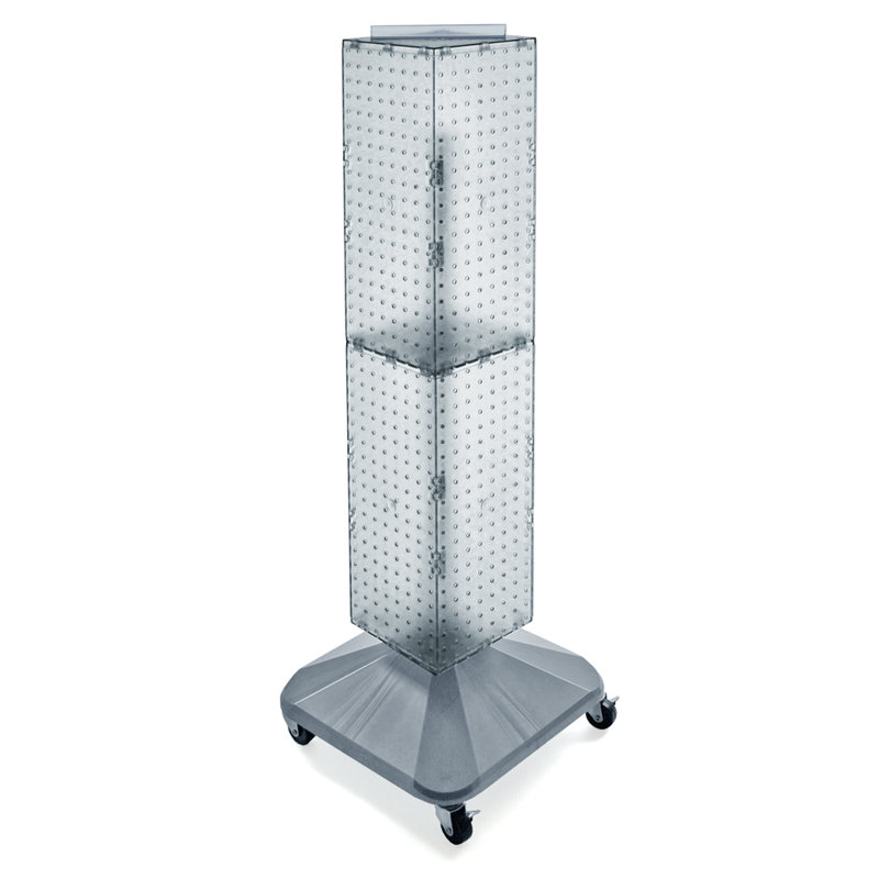 Présentoir à quatre côtés pour plancher perforé sur base pivotante. Tour Spinner Rack.