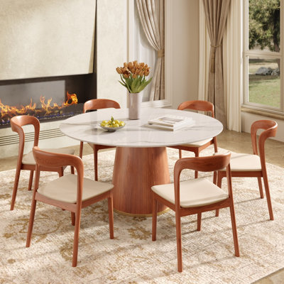 Table de salle à manger ronde 6 pièces en pierre avec chaises ergonomiques en bois