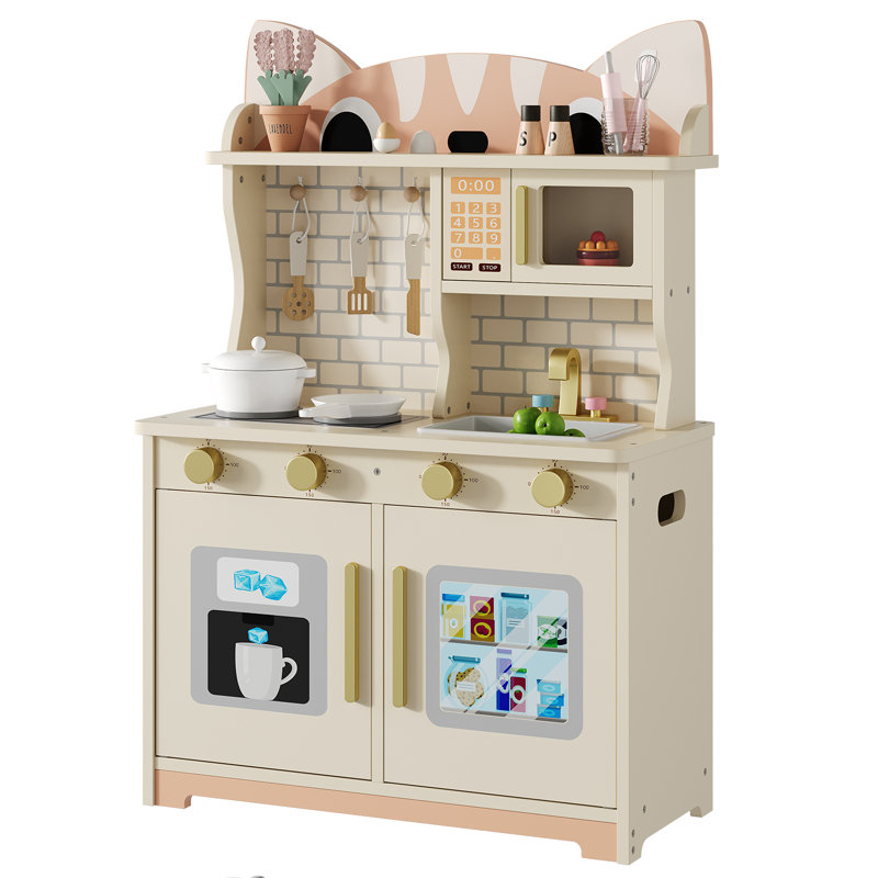 Wooden Play Kitchen For Ages 3-8 Babies, Cat Design Kitchen Playset With Microwave, Stove, Sink, Clicking Knobs, Kids Children Pretend Toy For Boys And Girls, White